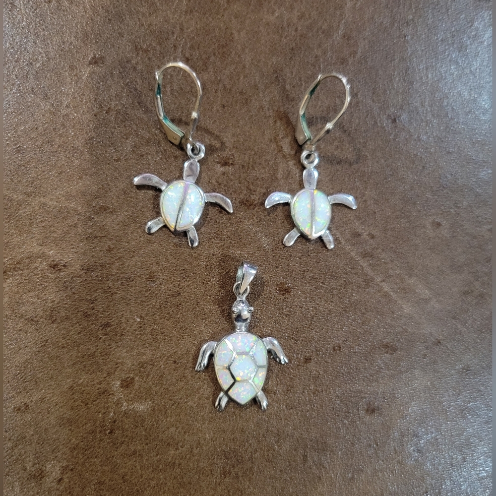 Opal Turtle Jewelry Earring And Pendant Set Silver 925.
